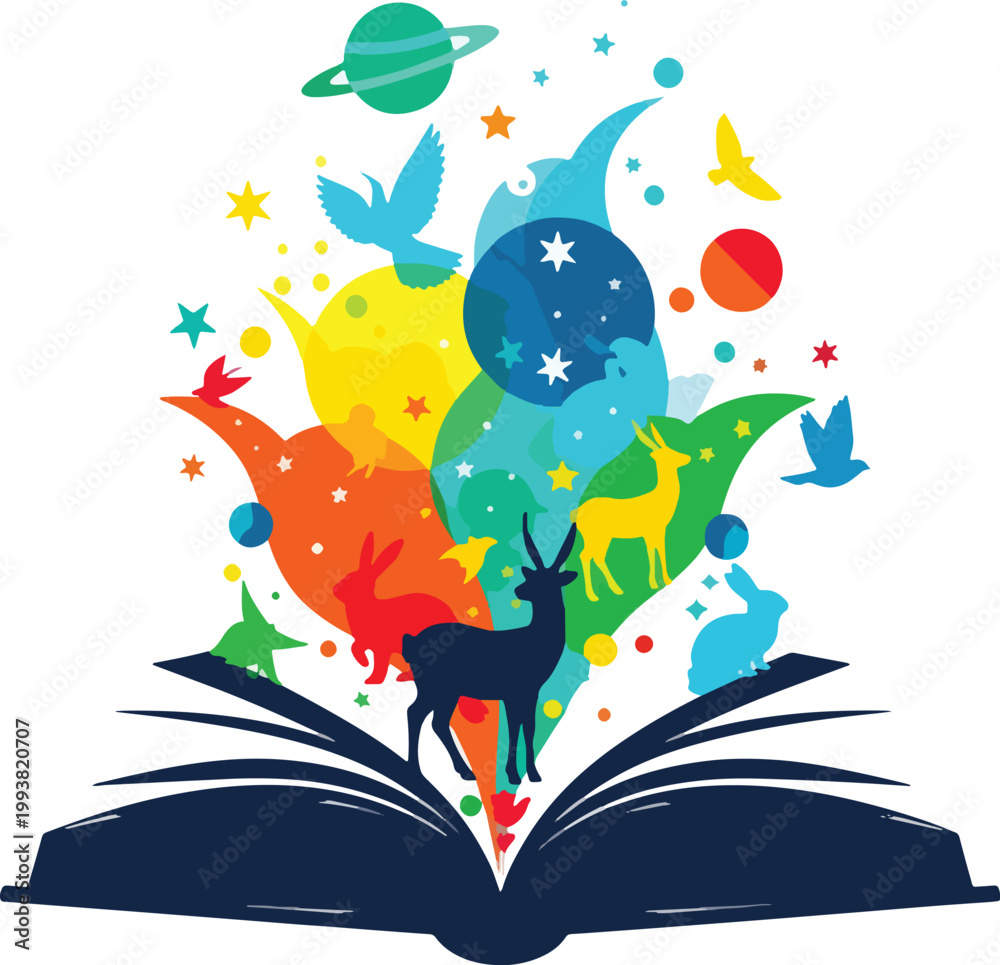 Fototapeta premium Whimsical storybook imagination concept vector, colorful animal silhouettes emerging from open book, creative education and fantasy literature illustration