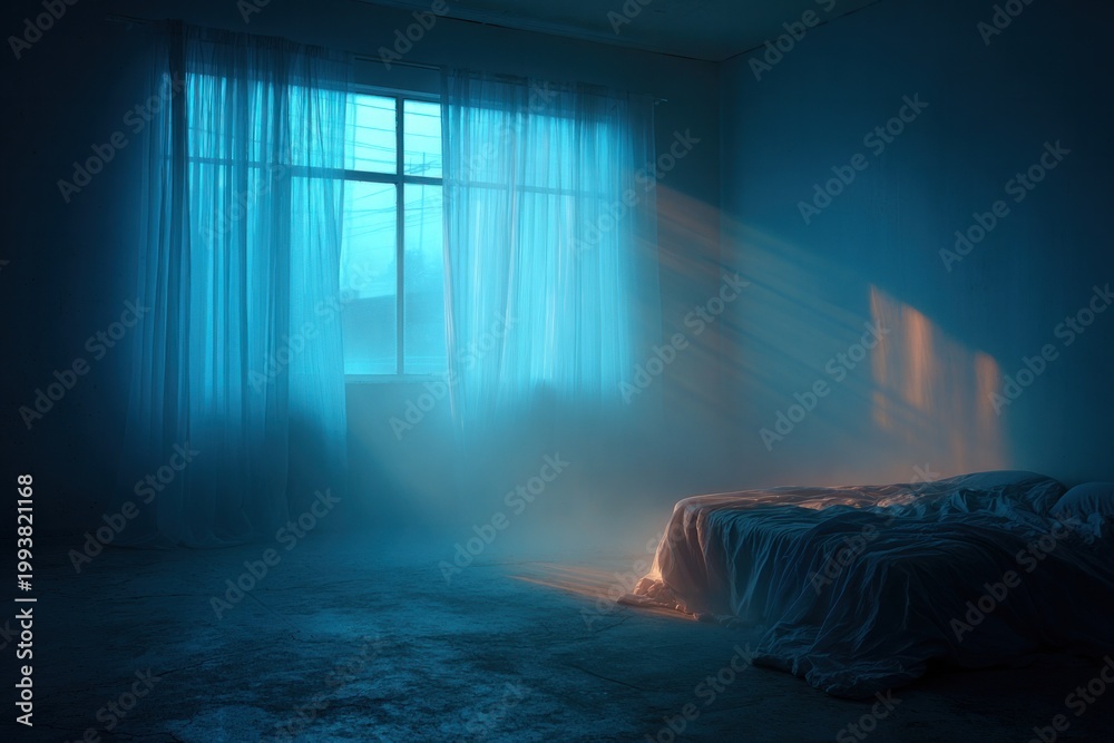 Obraz premium Abandoned bedroom with ethereal blue light from window