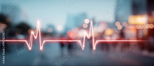 Abstract red heartbeat line over blurry urban background representing medical concepts