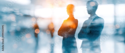 Business professionals in silhouette with folded arms against an office background