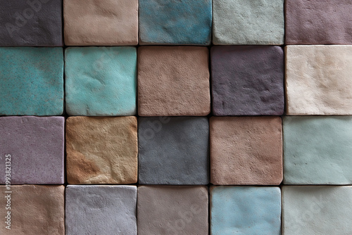 Abstract mosaic of textured square tiles in muted earthy and pastel colors