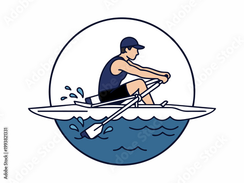 Foto Flat Vector Illustration of a Male Athlete Rowing a Scull Boat in the Water