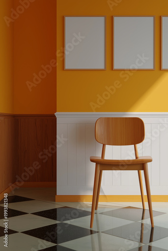 Minimalist wooden chair against a vibrant yellow wall with framed art and checkered floor