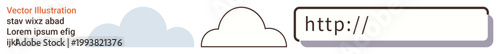 Cloud services, web hosting, online storage, data access, technology connectivity, internet solutions. Minimalist visuals with clouds and an HTTP link bar. Cloud services and web hosting concept