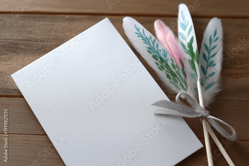 Blank white card with decorative feathers tied with a ribbon on a wooden background