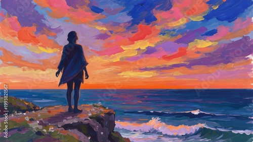 Silhouette al tramonto: pittura a olio di una donna sulla scogliera davanti al mare