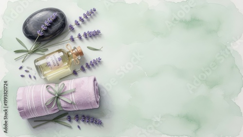 Composizione spa con olio essenziale di lavanda e pietre da massaggio