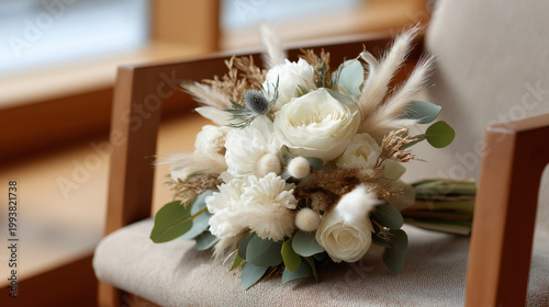 Elegant white bridal bouquet with pampas grass and eucalyptus on a chair