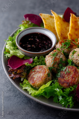 Delicious meatballs and cutlets served with fresh salad and dipping sauce