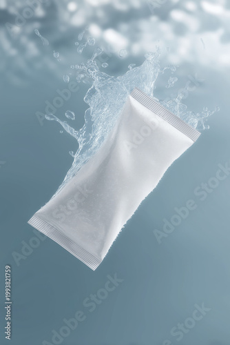 White sachet with water splash and droplets, isolated on a blue background