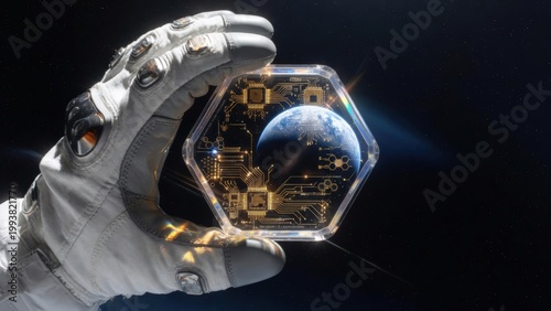 Mano di astronauta che tiene un microchip esagonale con la Terra