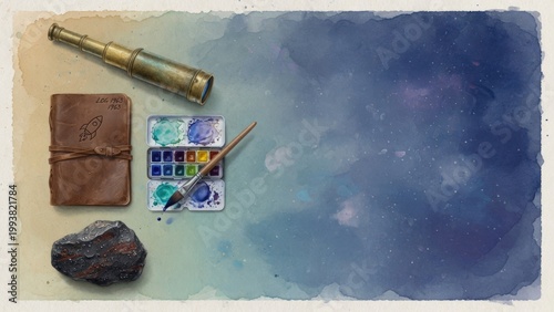 Sfondo acquerello con telescopio, diario e tavolozza di colori