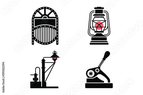 Industrial objects silhouette: boiler lantern machine embosser with industry