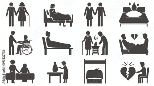 Vector icons representing human life stages, relationships, elderly care, illness, heartbreak, and emotional support concepts.