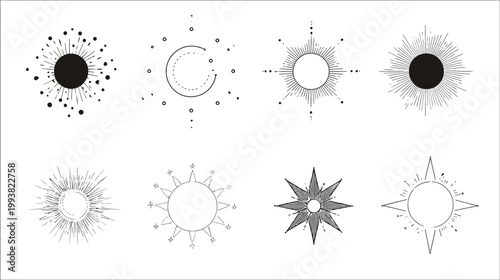 Mystical Celestial Sun, Moon, and Star Vector Icons Collection for Esoteric, Spiritual, and Astrological Designs