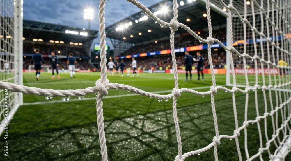 Obraz premium Close-up of a wet soccer goal net with water droplets. Blurred background of a professional football match in a stadium under floodlights. Rainy evening sports event