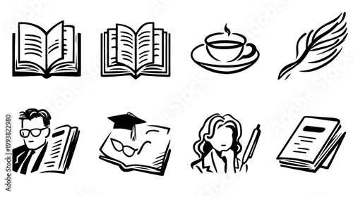 Hand-drawn education and writing icons set: books, pen, tea cup, student symbols. Ideal for academic and literary themes.