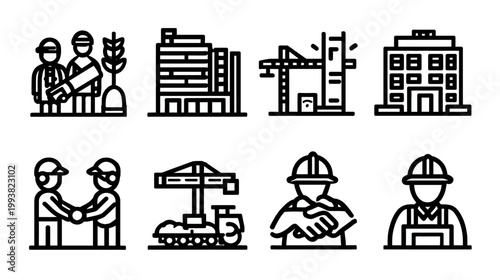 Construction Industry Line Icons Set: Building Development, Engineers, Workers, Cranes, and Urban Architecture