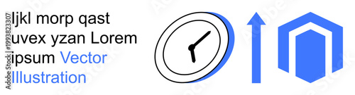 Productivity, time management, efficiency, growth, corporate goals, progress. Clock, upward arrow abstract geometric shape. Time management and efficiency concepts