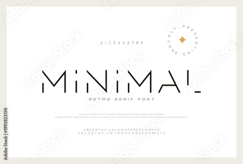 MINIMAL Technical font, digital alphabet, trendy uppercase Latin letters from A to Z and Arab numbers from 0 to 9 for you ui ux designs, vector illustration 10EPS