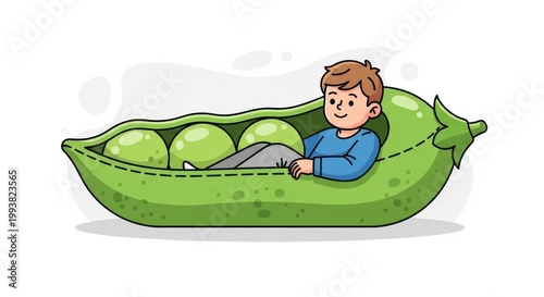 a cartoon boy sitting inside a giant green pea pod with peas pea pod green background single person