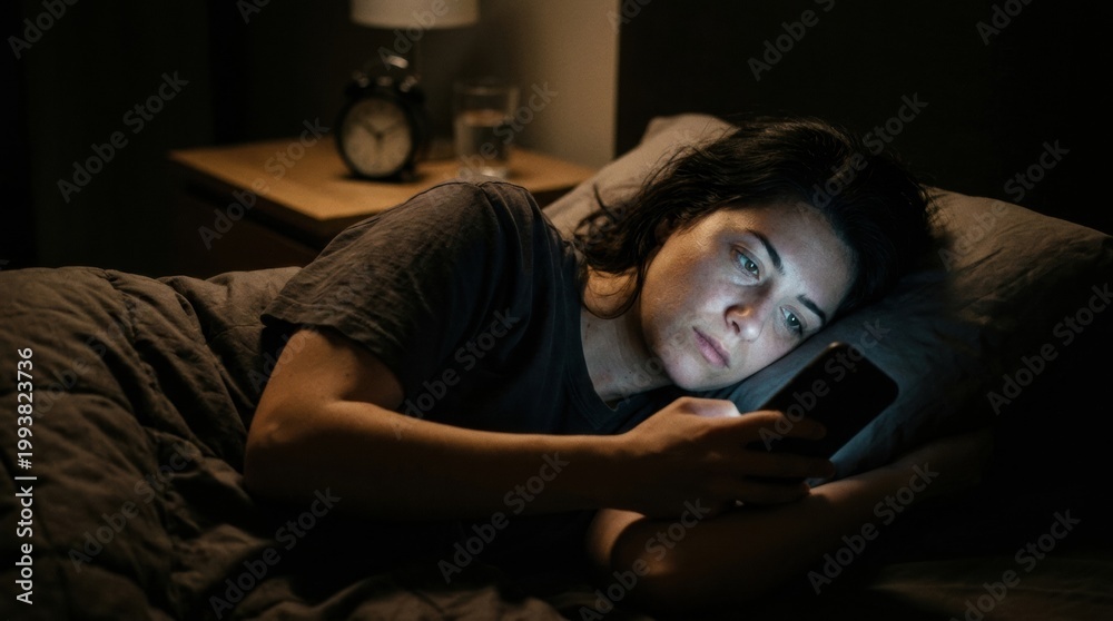 Fototapeta premium Exploring Bad Habits and Addiction Recovery in Bed at Night With a Person Using a Smartphone