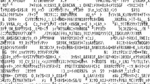 Rapidly flickering matte black random characters on white background, minimalist glitch text background animation.
