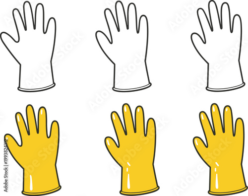 Three pairs of yellow and white rubber gloves arranged in two rows yellow gloves white gloves