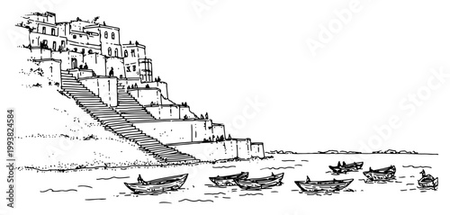 Ancient riverside city with stone stairs and traditional boats near the water bank sketch style