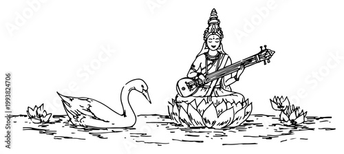 Goddess Saraswati playing veena instrument sitting on lotus flower in hand drawn sketch style