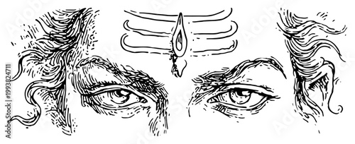Lord Shiva eyes with third eye and tripundra mark in hand drawn sketch style