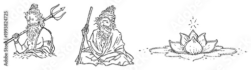 Lord Shiva with trident and meditating sadhu next to lotus flower in hand drawn sketch style