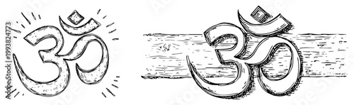 Om aum spiritual symbol of hinduism and yoga set vintage engraving style