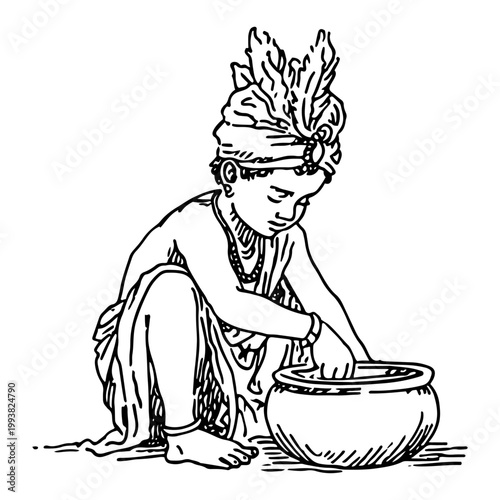 Little Krishna reaching into butter pot with peacock feather crown in hand drawn sketch style