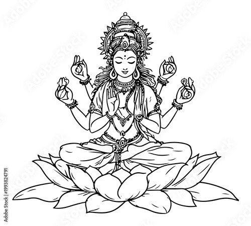 Goddess Lakshmi sitting on lotus flower in meditative pose in hand drawn sketch style
