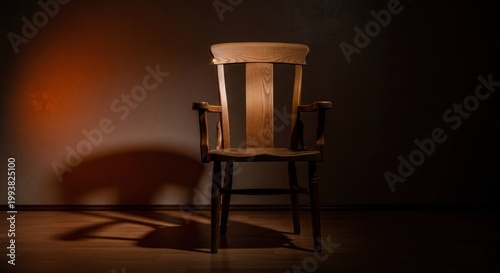 Antique Wooden Armchair Illuminated by Dramatic Spotlight in Dark Room.