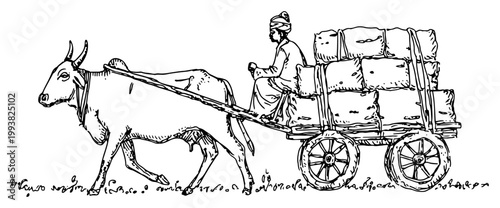 Bullock cart pulling a heavy load of sacks on a rural road in hand drawn sketch style