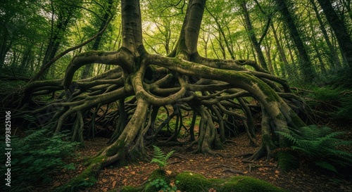 Ancient Forest Roots Entwined Creating Natural Archway.