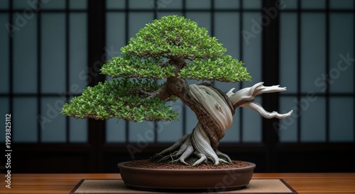 Ancient Twisted Juniper Bonsai Tree in Traditional Japanese Pot.