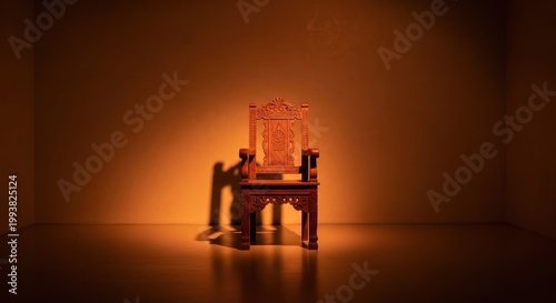 Antique Wooden Throne Chair Illuminated by Dramatic Spotlight.