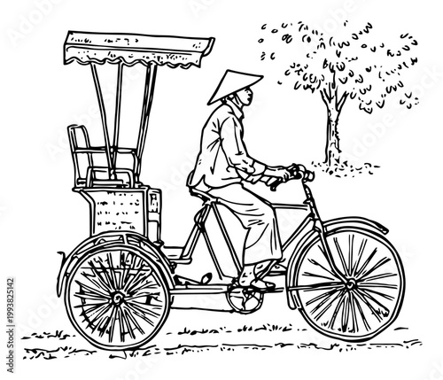 Cycle rickshaw with driver wearing conical hat in hand drawn sketch style