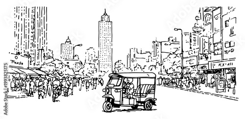 Busy city street with auto rickshaw and crowd of people in hand drawn sketch style
