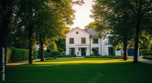 Beautiful White Two-Story House with Lush Green Lawn and Mature Trees.