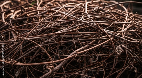 Close up of a dense pile of dry brown twigs and branches.