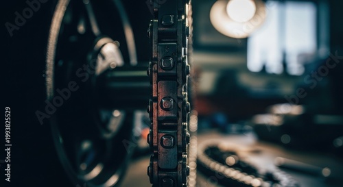 Close-up of a Bicycle Chain and Sprocket in a Workshop.