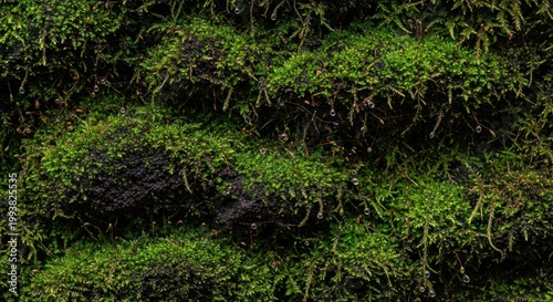 Close-up Macro View of Lush Green Moss Growing on a Textured Surface.