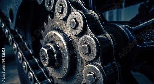 Close-up of a complex industrial metal chain and sprocket mechanism.