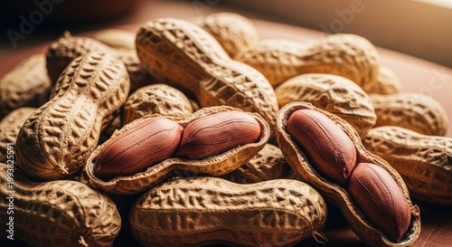 Close-up of a pile of unshelled peanuts with some opened to reveal the nuts inside.