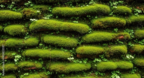 Close-up of a Moss-Covered Stone Wall with Lush Greenery.
