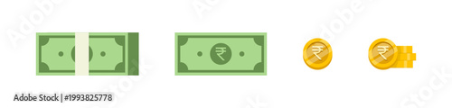 Indian Rupee Currency Banknote and Coin Icon Set